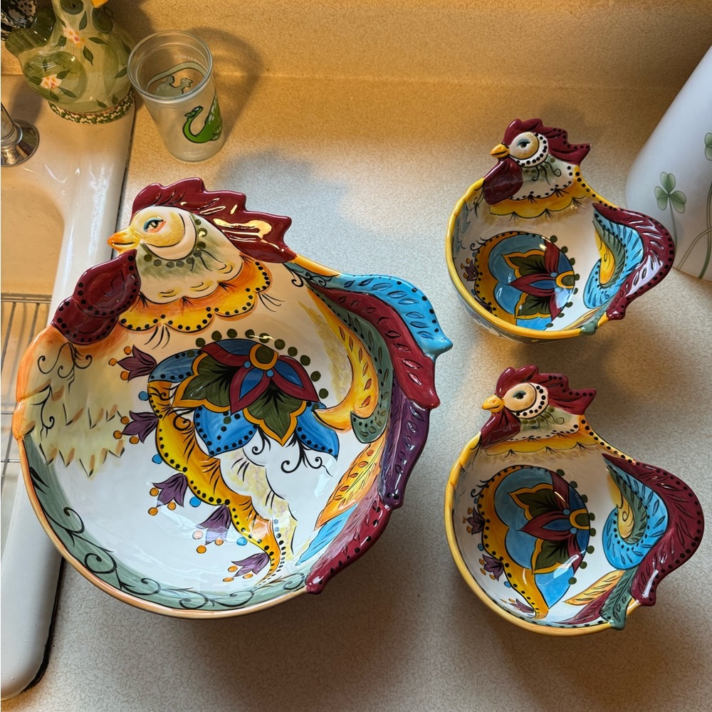 Tabletop Gallery (Messino) Colorful Rooster Ceramic Bowl Set